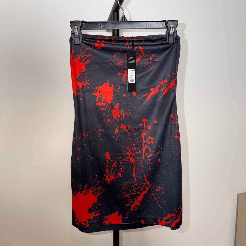 Fashion Nova Black Red Paint Splatter Tube Bodycon Mini Dress Womens Size Small - Picture 2 of 7